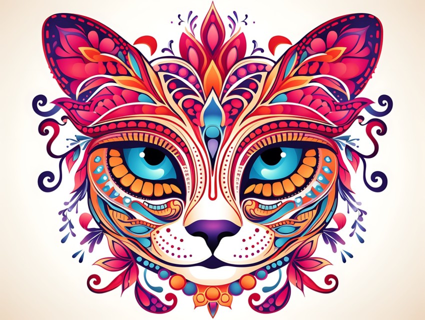 Colorful Abstract Cat Face Head Vivid Colors Pop Art Vector Illustrations White Background (353)