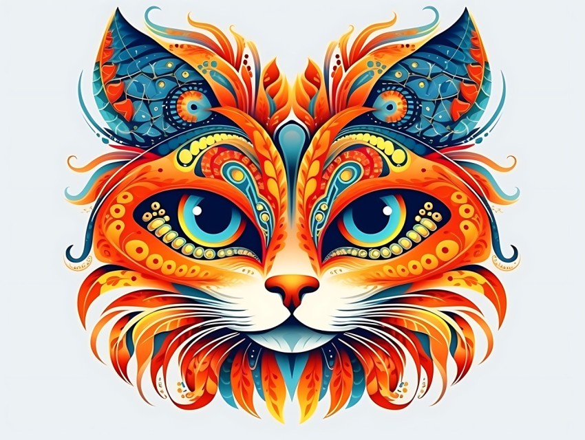 Colorful Abstract Cat Face Head Vivid Colors Pop Art Vector Illustrations White Background (378)