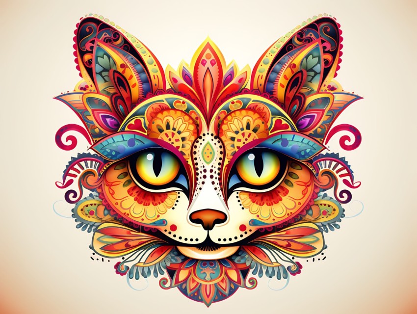Colorful Abstract Cat Face Head Vivid Colors Pop Art Vector Illustrations White Background (380)