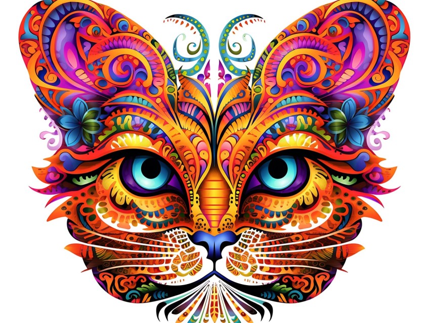 Colorful Abstract Cat Face Head Vivid Colors Pop Art Vector Illustrations White Background (358)