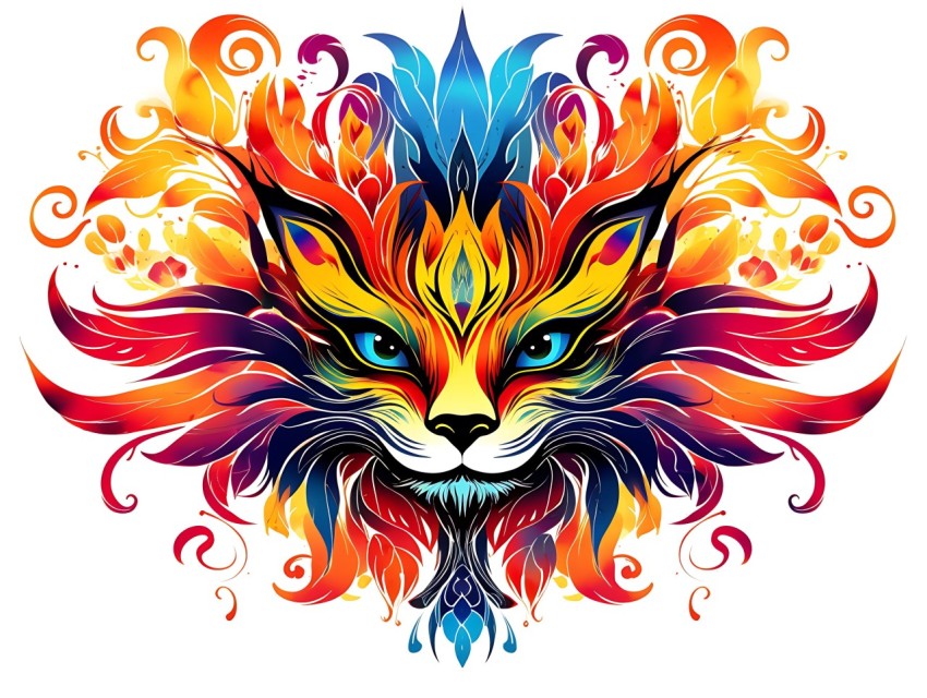 Colorful Abstract Cat Face Head Vivid Colors Pop Art Vector Illustrations White Background (387)