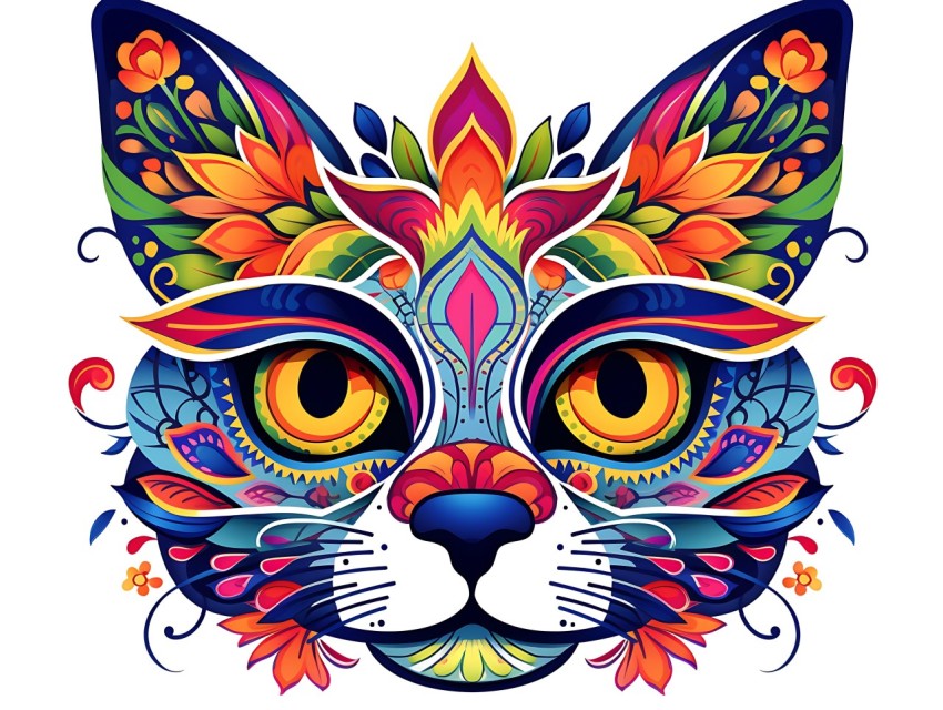 Colorful Abstract Cat Face Head Vivid Colors Pop Art Vector Illustrations White Background (381)