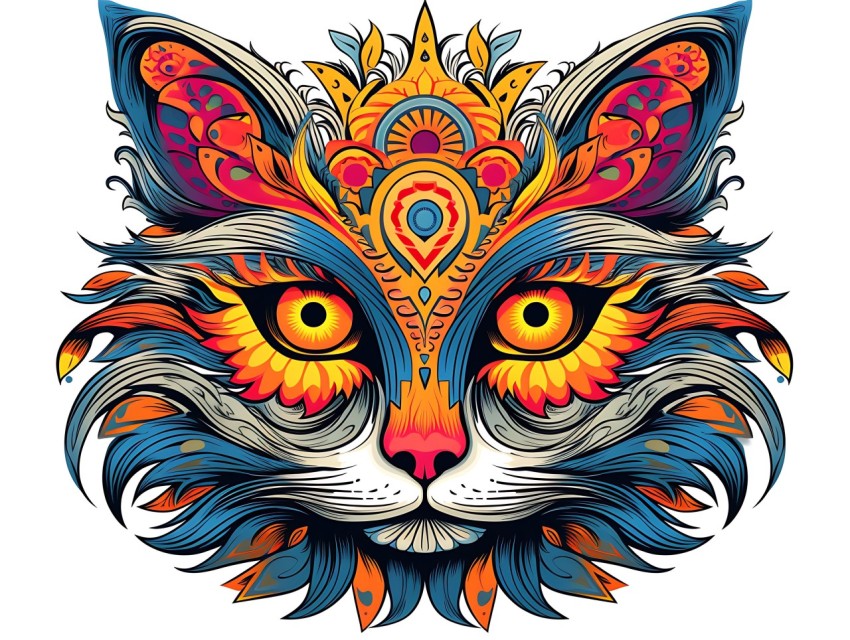 Colorful Abstract Cat Face Head Vivid Colors Pop Art Vector Illustrations White Background (388)