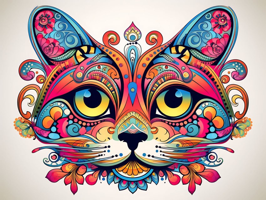 Colorful Abstract Cat Face Head Vivid Colors Pop Art Vector Illustrations White Background (399)