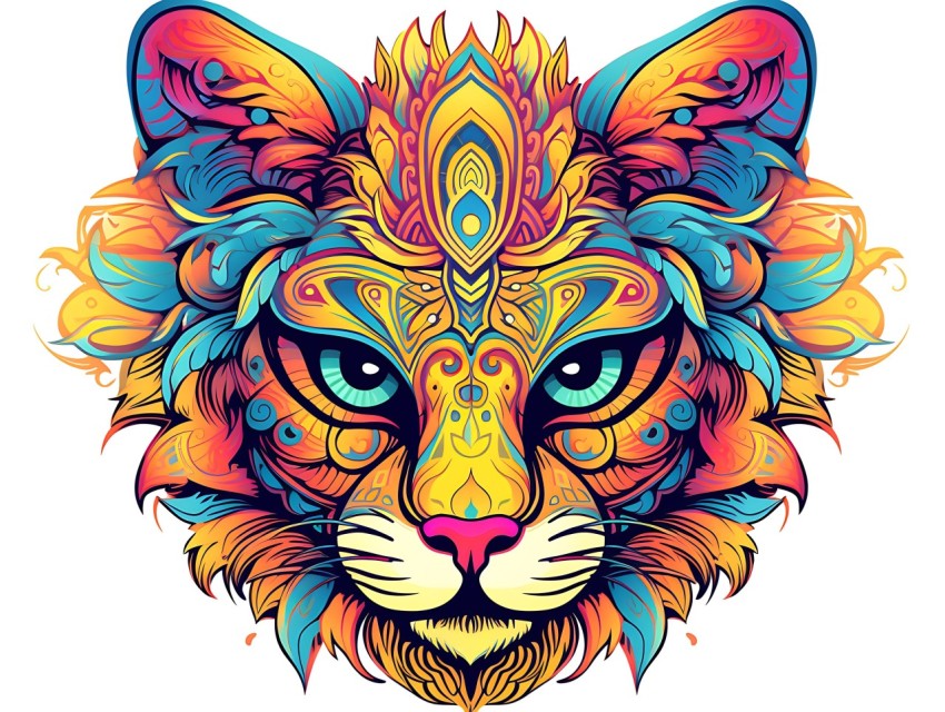 Colorful Abstract Cat Face Head Vivid Colors Pop Art Vector Illustrations White Background (373)