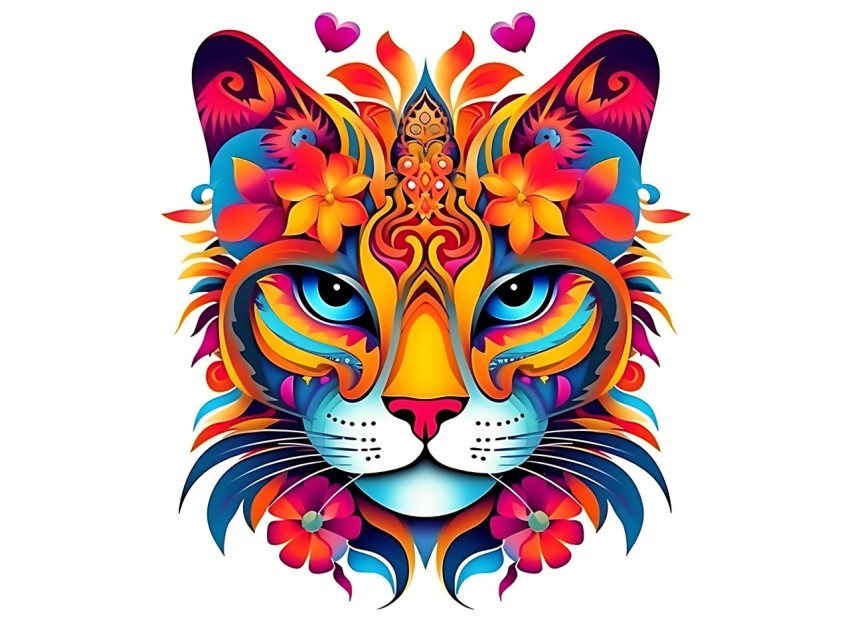Colorful Abstract Cat Face Head Vivid Colors Pop Art Vector Illustrations White Background (415)
