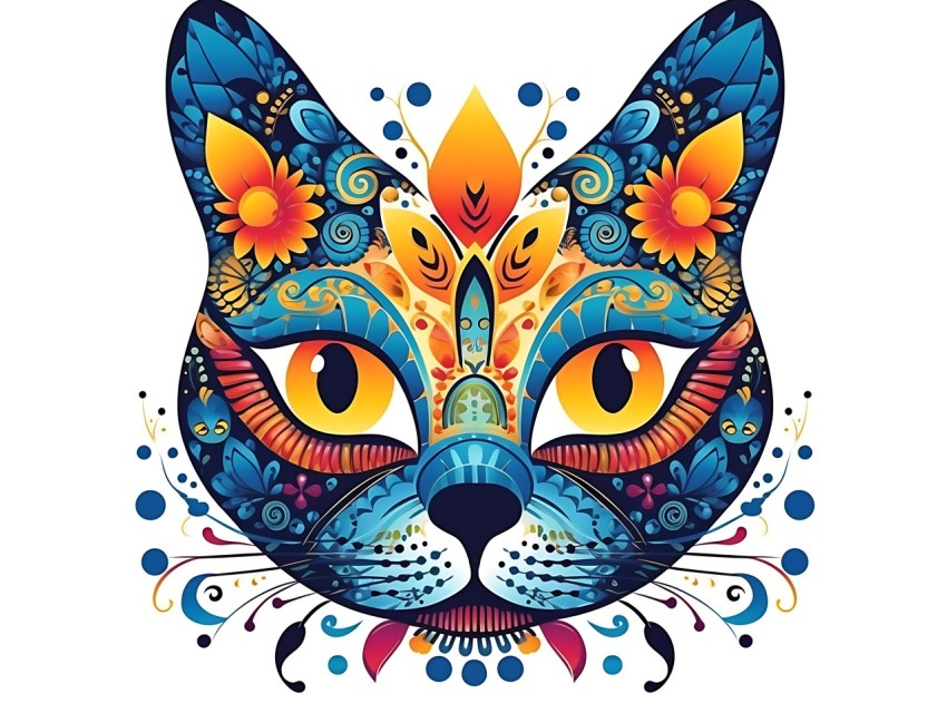 Colorful Abstract Cat Face Head Vivid Colors Pop Art Vector Illustrations White Background (404)