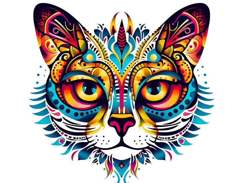 Colorful Abstract Cat Face Head Vivid Colors Pop Art Vector Illustrations White Background (414)
