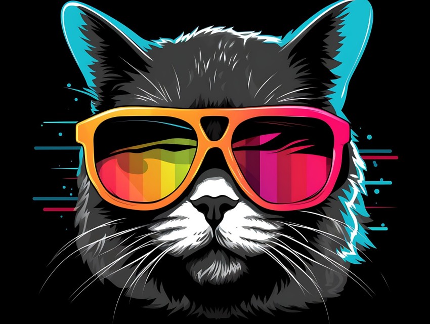 Colorful Cat Face Head Vivid Colors Pop Art Vector Illustrations Black Background (8)