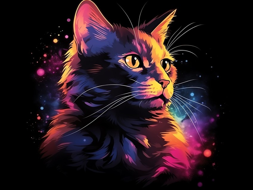 Colorful Cat Face Head Vivid Colors Pop Art Vector Illustrations Black Background (6)