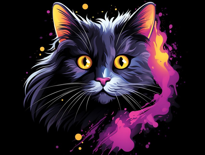 Colorful Cat Face Head Vivid Colors Pop Art Vector Illustrations Black Background (37)