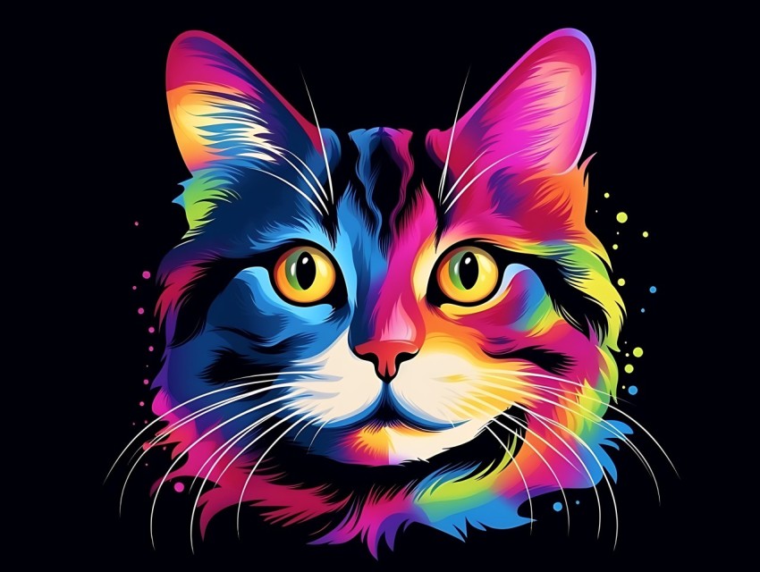 Colorful Cat Face Head Vivid Colors Pop Art Vector Illustrations Black Background (42)
