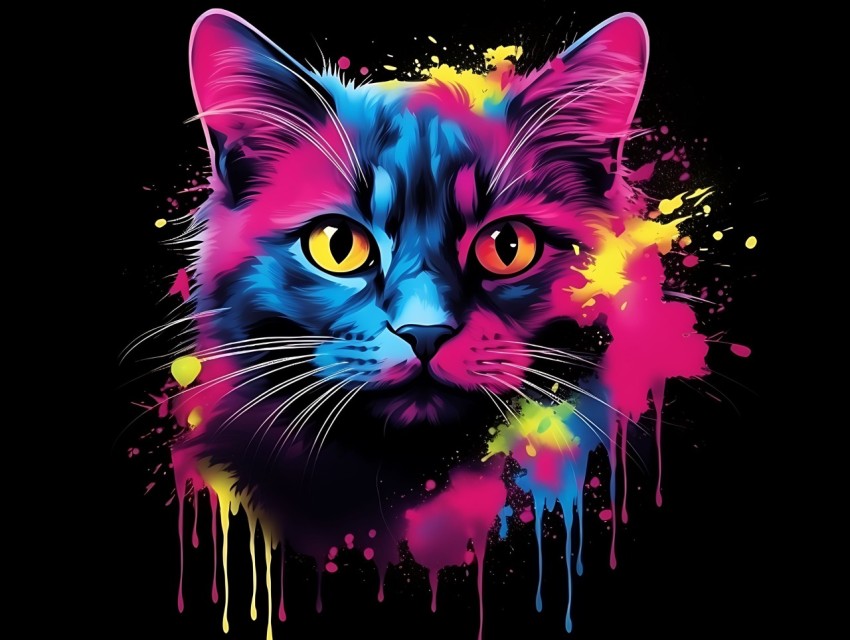Colorful Cat Face Head Vivid Colors Pop Art Vector Illustrations Black Background (40)