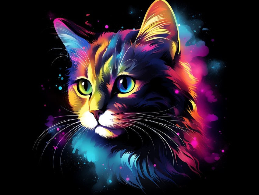 Colorful Cat Face Head Vivid Colors Pop Art Vector Illustrations Black Background (5)
