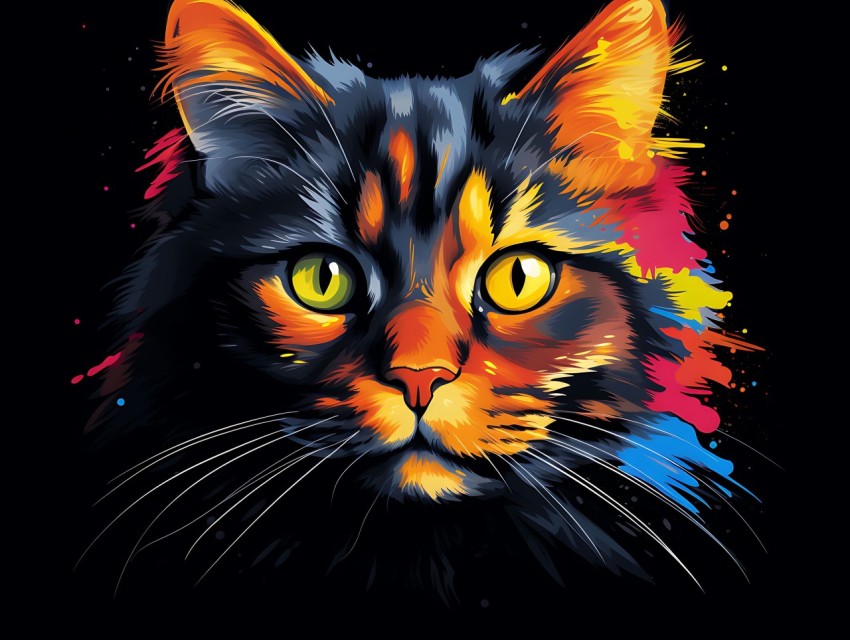 Colorful Cat Face Head Vivid Colors Pop Art Vector Illustrations Black Background (49)