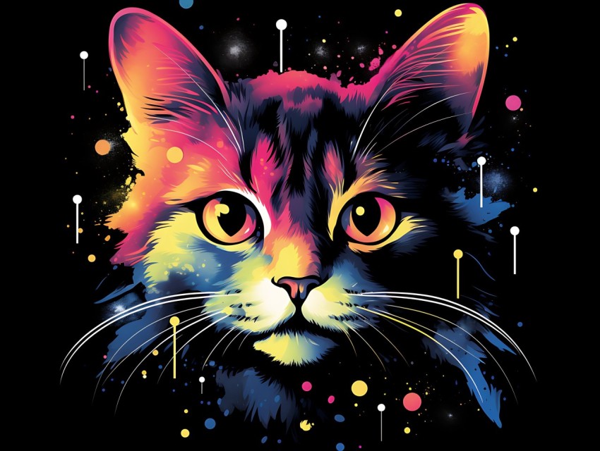 Colorful Cat Face Head Vivid Colors Pop Art Vector Illustrations Black Background (47)