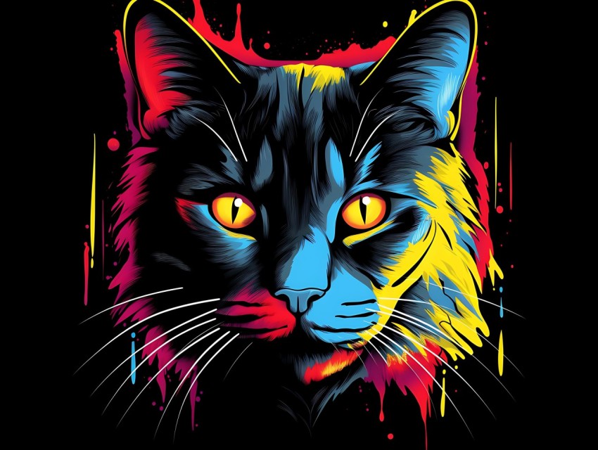 Colorful Cat Face Head Vivid Colors Pop Art Vector Illustrations Black Background (7)
