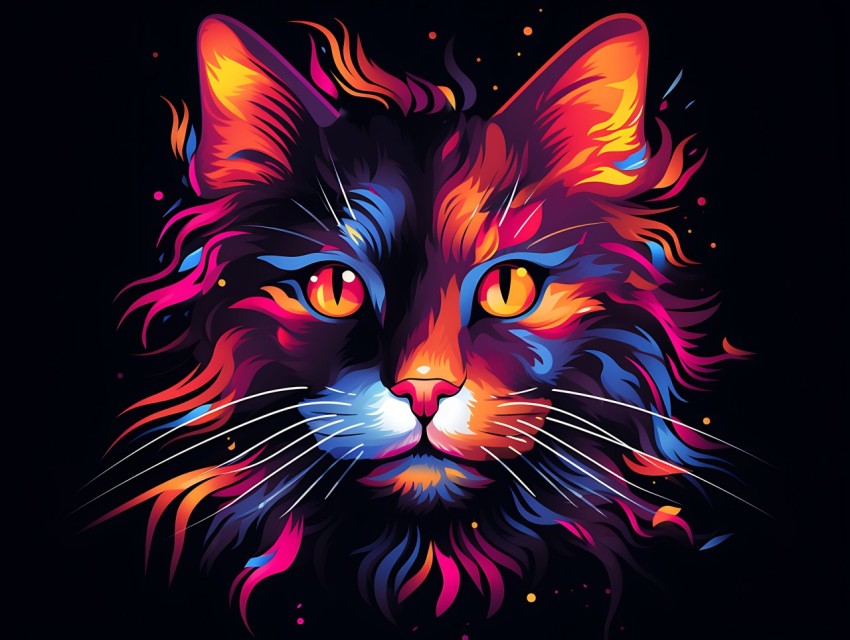 Colorful Cat Face Head Vivid Colors Pop Art Vector Illustrations Black Background (33)