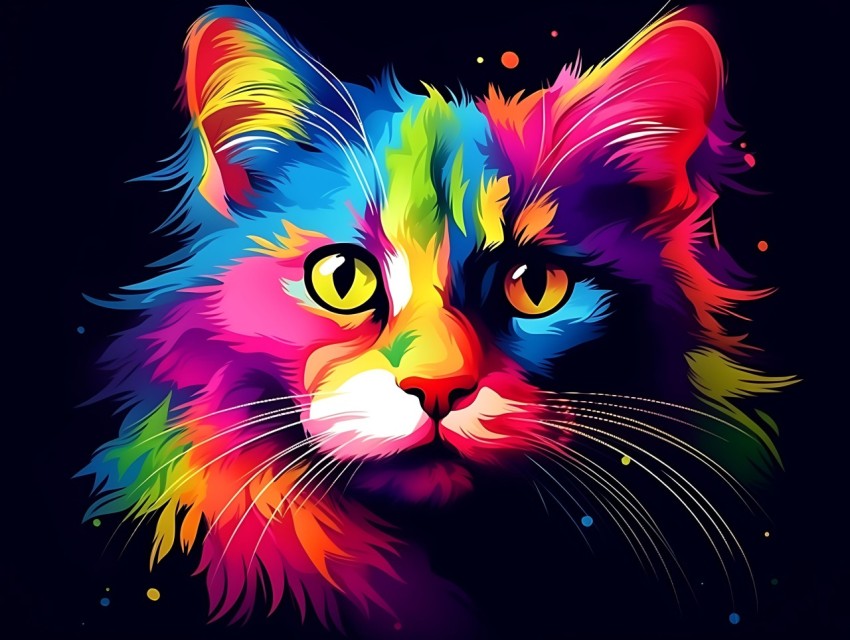 Colorful Cat Face Head Vivid Colors Pop Art Vector Illustrations Black Background (16)