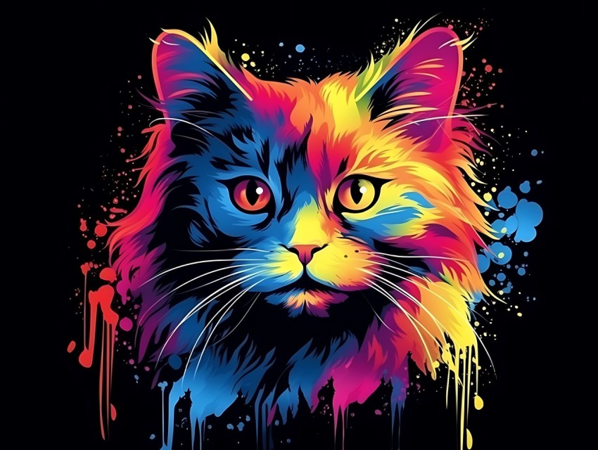 Colorful Cat Face Head Vivid Colors Pop Art Vector Illustrations Black Background (31)