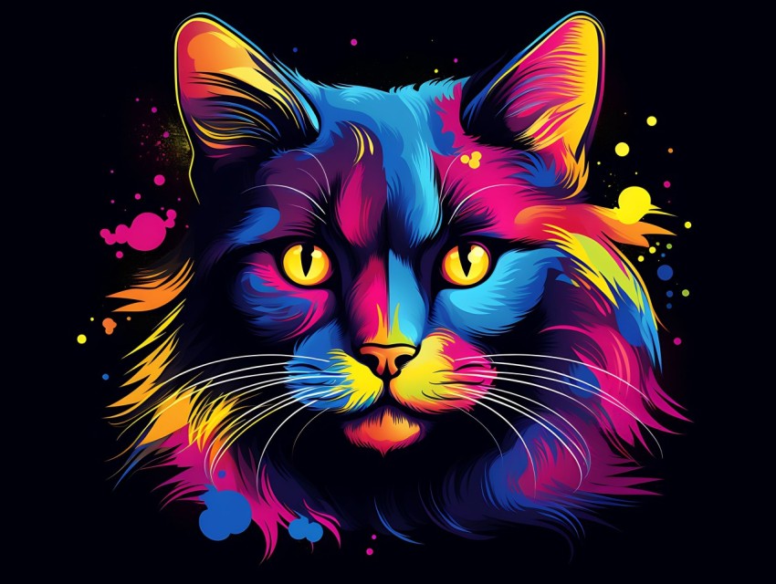 Colorful Cat Face Head Vivid Colors Pop Art Vector Illustrations Black Background (50)