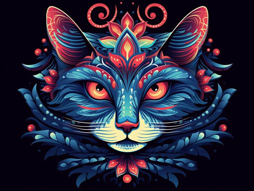 Colorful Cat Face Head Vivid Colors Pop Art Vector Illustrations Black Background (13)