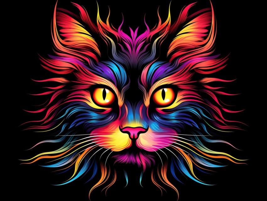Colorful Cat Face Head Vivid Colors Pop Art Vector Illustrations Black Background (22)