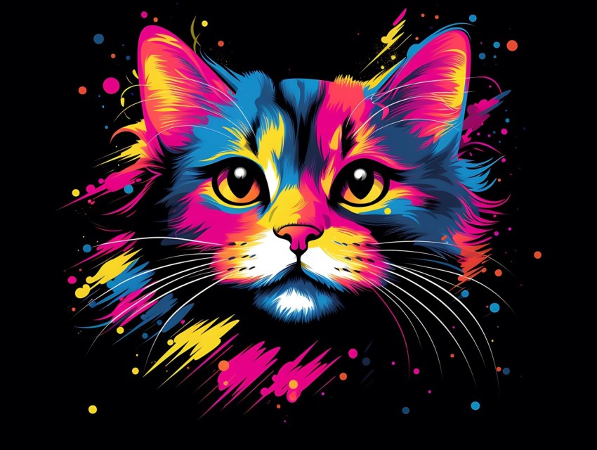 Colorful Cat Face Head Vivid Colors Pop Art Vector Illustrations Black Background (28)