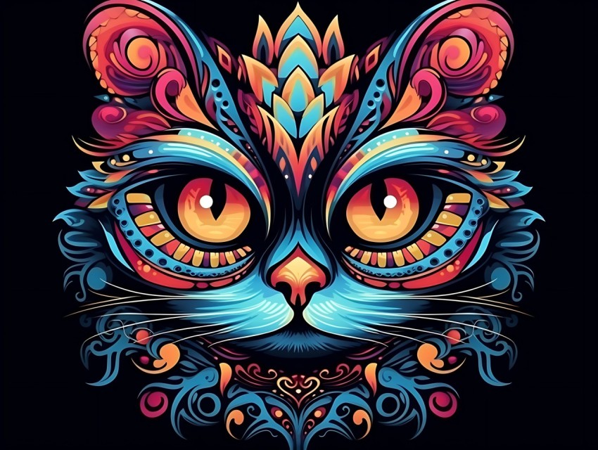 Colorful Cat Face Head Vivid Colors Pop Art Vector Illustrations Black Background (24)