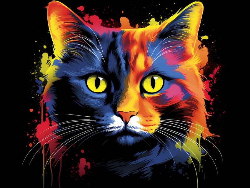 Colorful Cat Face Head Vivid Colors Pop Art Vector Illustrations Black Background (15)