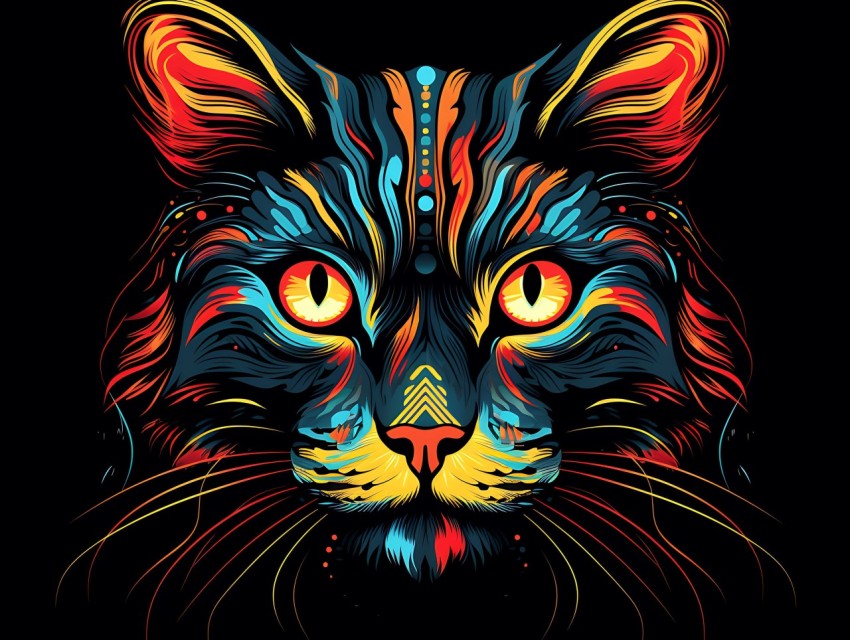 Colorful Cat Face Head Vivid Colors Pop Art Vector Illustrations Black Background (29)