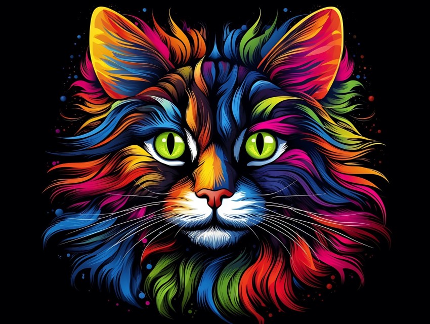 Colorful Cat Face Head Vivid Colors Pop Art Vector Illustrations Black Background (35)