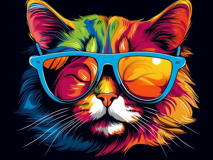 Colorful Cat Face Head Vivid Colors Pop Art Vector Illustrations Black Background (21)