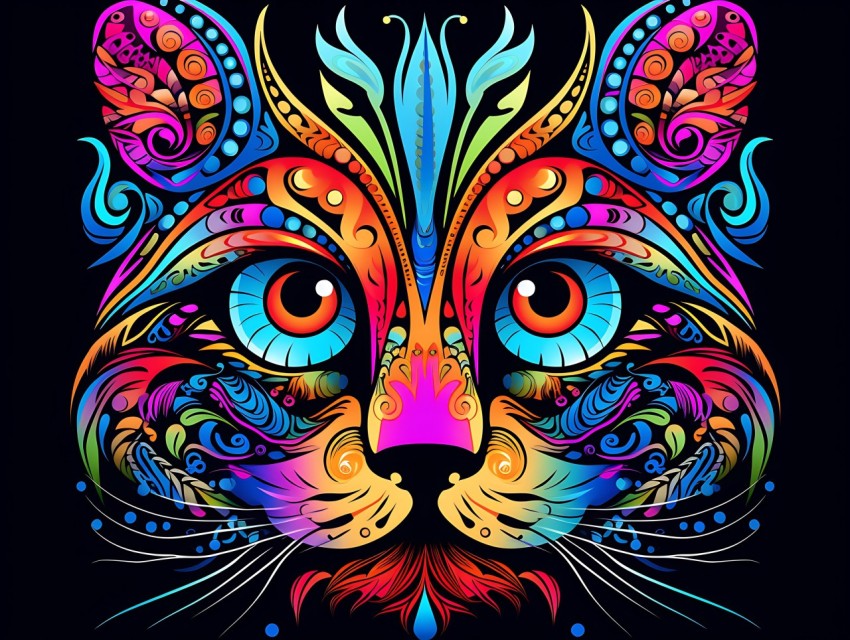 Colorful Cat Face Head Vivid Colors Pop Art Vector Illustrations Black Background (20)