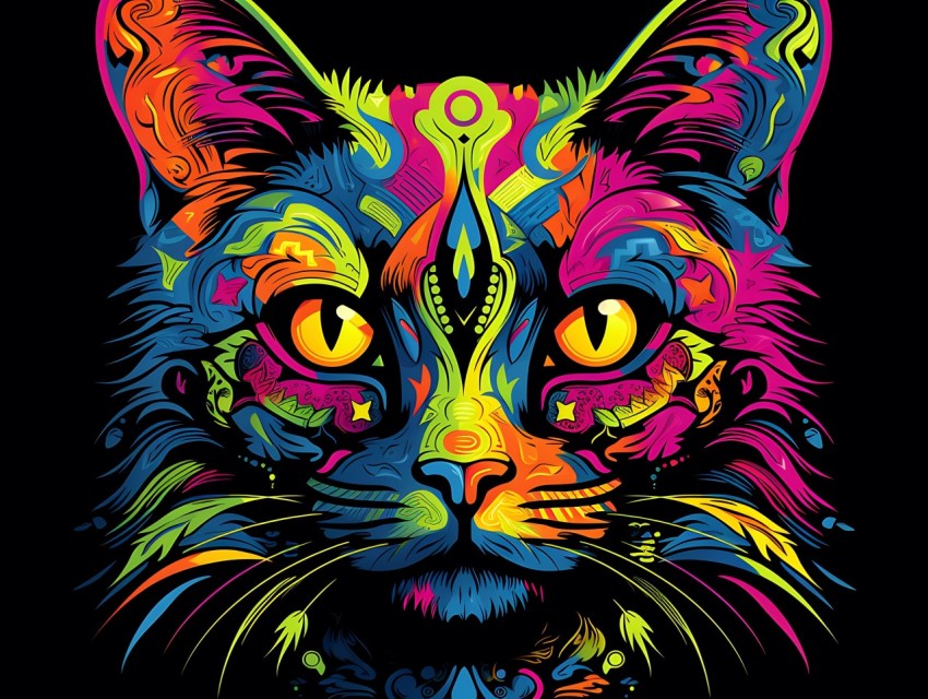 Colorful Cat Face Head Vivid Colors Pop Art Vector Illustrations Black Background (32)