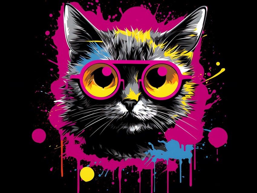 Colorful Cat Face Head Vivid Colors Pop Art Vector Illustrations Black Background (85)