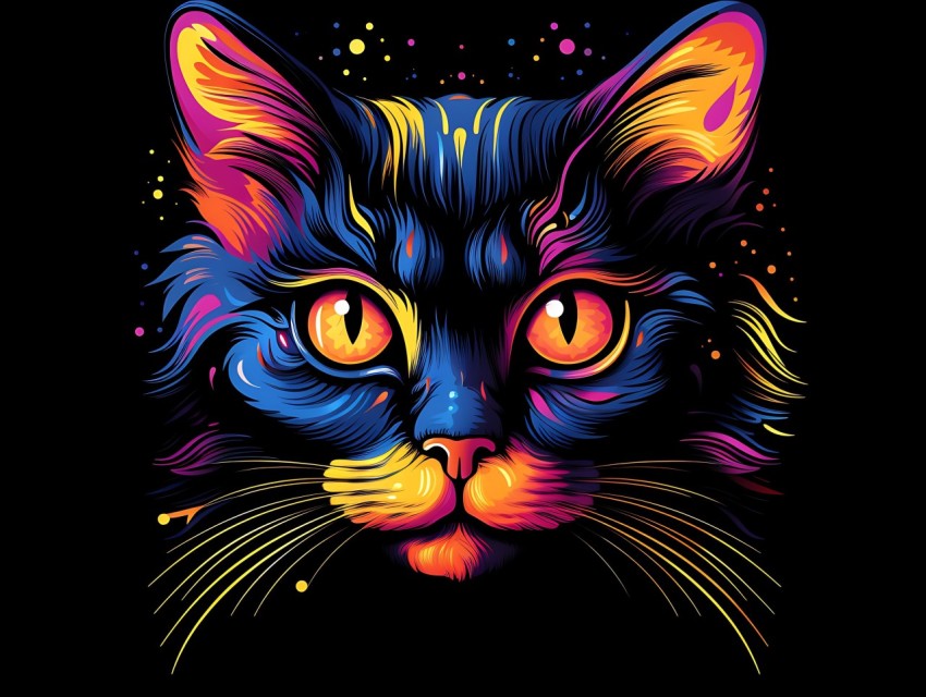 Colorful Cat Face Head Vivid Colors Pop Art Vector Illustrations Black Background (51)
