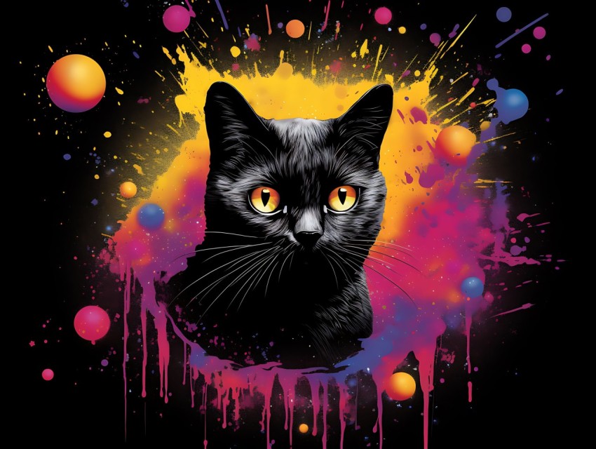 Colorful Cat Face Head Vivid Colors Pop Art Vector Illustrations Black Background (80)