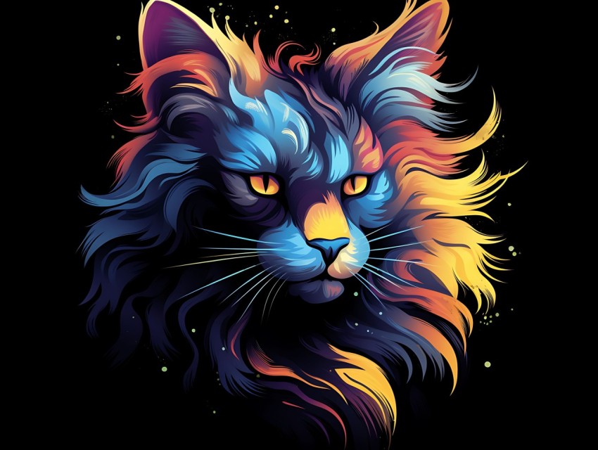 Colorful Cat Face Head Vivid Colors Pop Art Vector Illustrations Black Background (79)