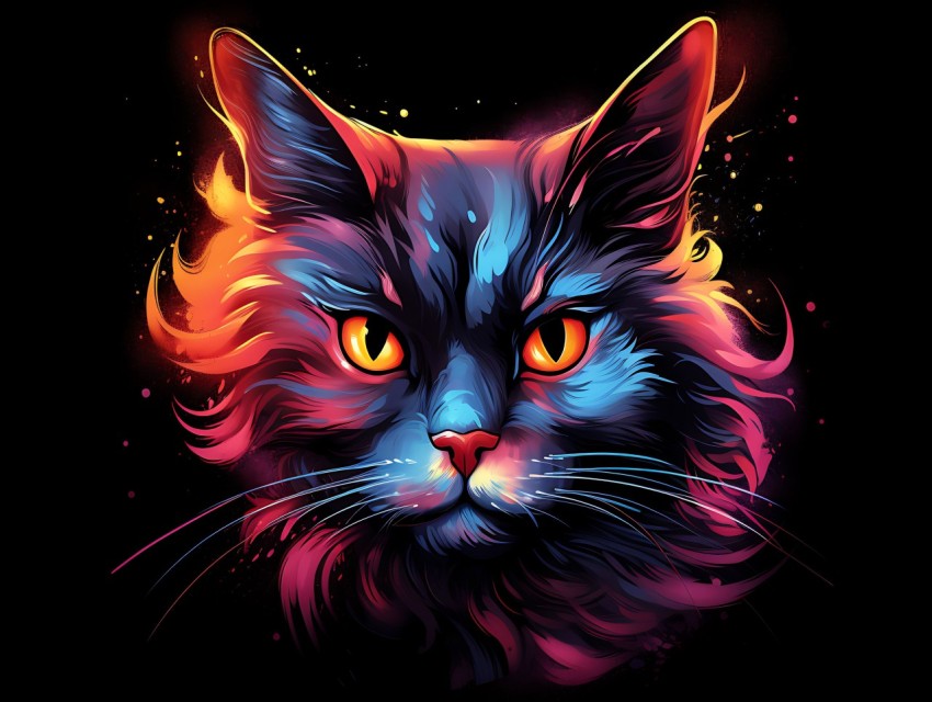 Colorful Cat Face Head Vivid Colors Pop Art Vector Illustrations Black Background (59)