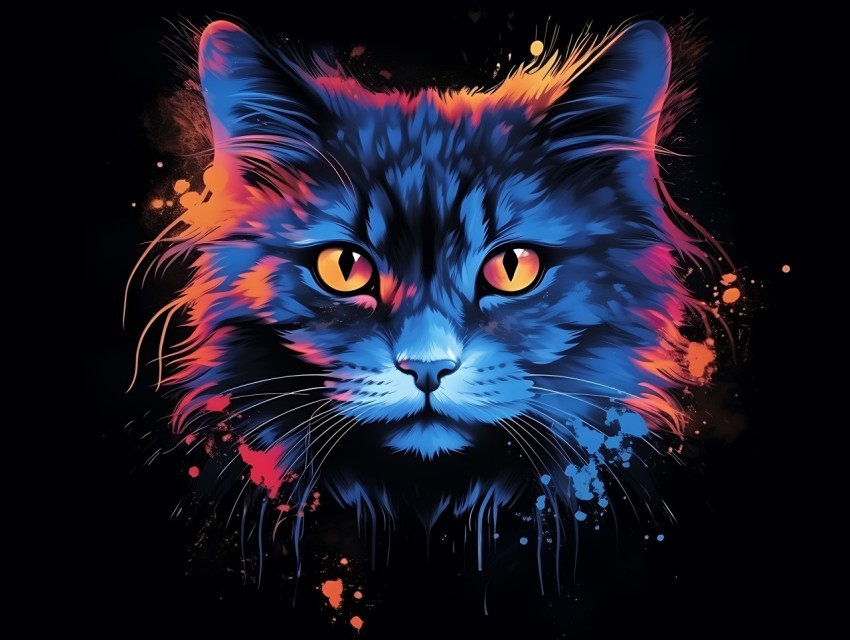 Colorful Cat Face Head Vivid Colors Pop Art Vector Illustrations Black Background (88)