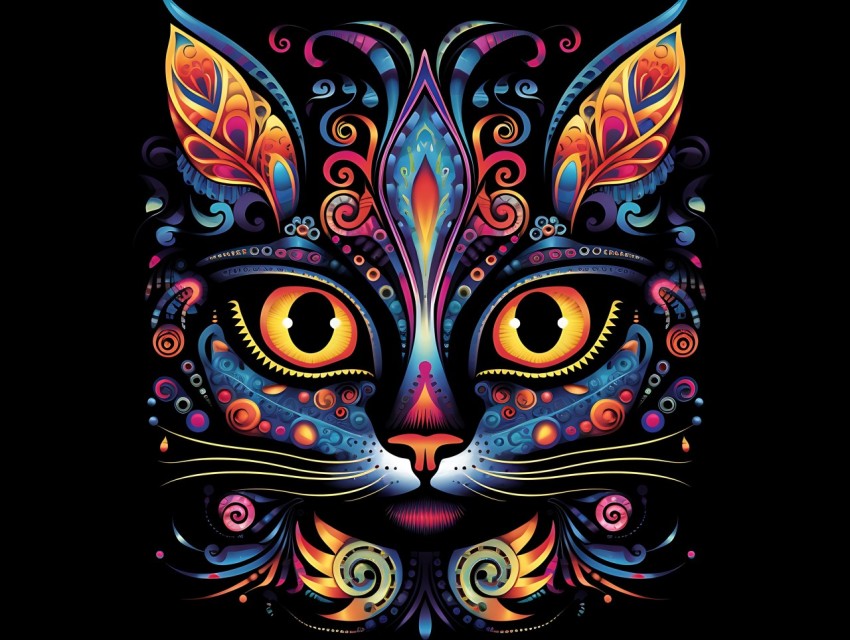 Colorful Cat Face Head Vivid Colors Pop Art Vector Illustrations Black Background (87)
