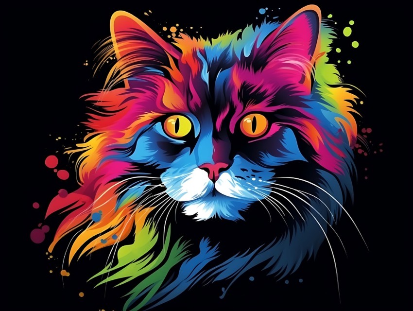 Colorful Cat Face Head Vivid Colors Pop Art Vector Illustrations Black Background (90)