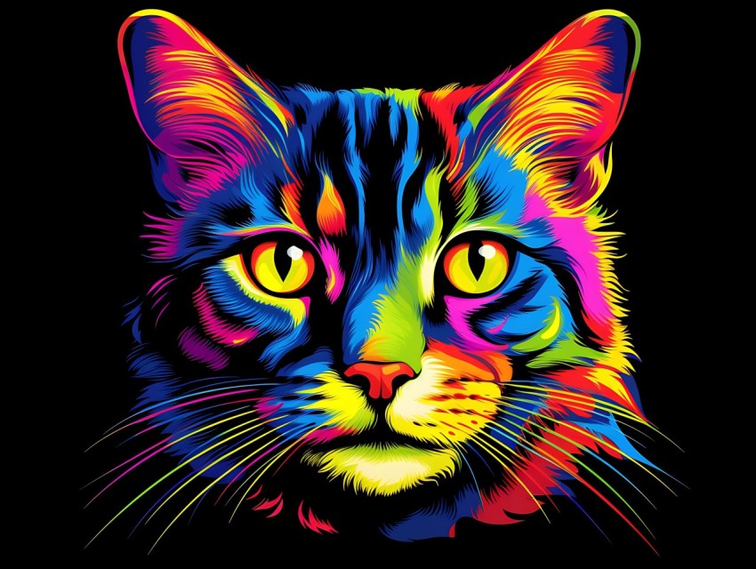 Colorful Cat Face Head Vivid Colors Pop Art Vector Illustrations Black Background (55)
