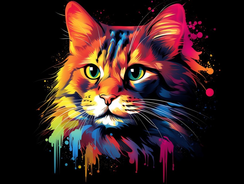 Colorful Cat Face Head Vivid Colors Pop Art Vector Illustrations Black Background (89)