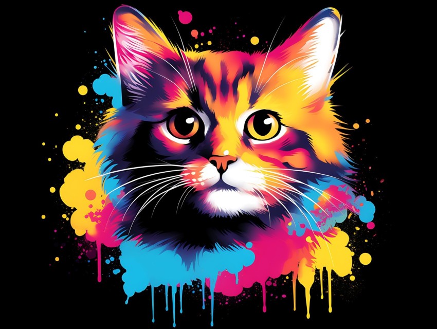Colorful Cat Face Head Vivid Colors Pop Art Vector Illustrations Black Background (70)