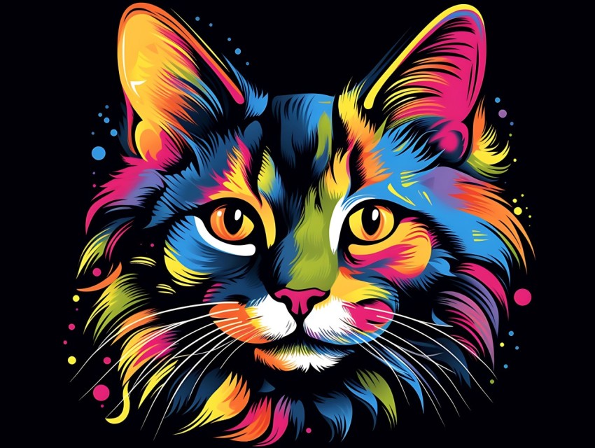 Colorful Cat Face Head Vivid Colors Pop Art Vector Illustrations Black Background (61)