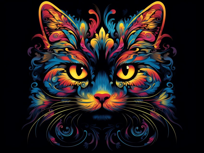 Colorful Cat Face Head Vivid Colors Pop Art Vector Illustrations Black Background (68)