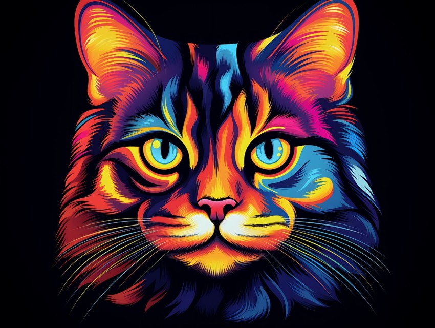 Colorful Cat Face Head Vivid Colors Pop Art Vector Illustrations Black Background (52)