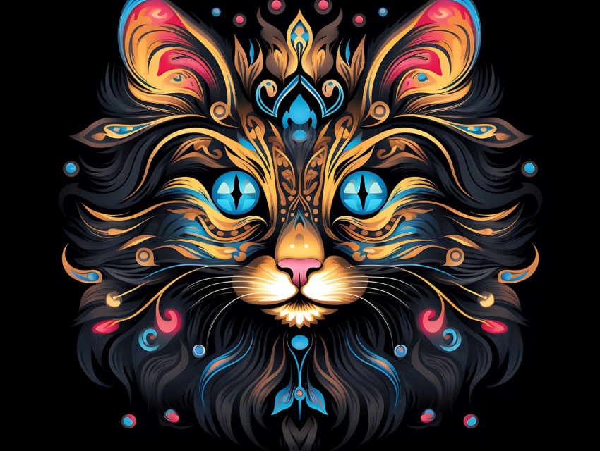 Colorful Cat Face Head Vivid Colors Pop Art Vector Illustrations Black Background (62)